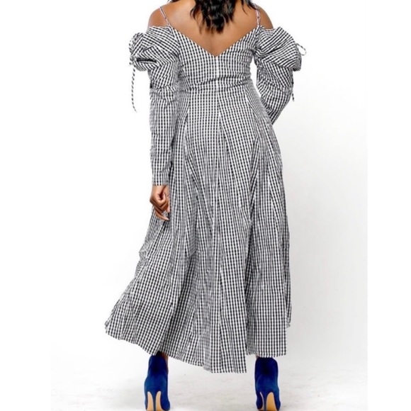 Black and White Checkered Off Shoulder Puff Sleeve High Low Dress - Picture 2 of 5